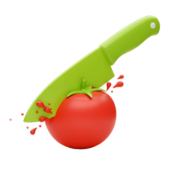 A red tomato is being sliced by a green knife, with drops visible to show that it's being used for cooking. png