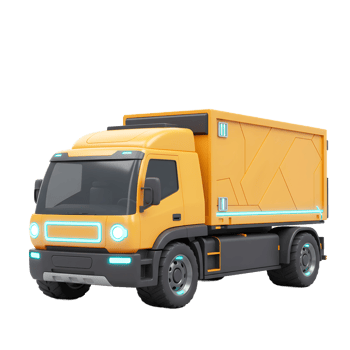 A futuristic yellow delivery truck with blue lights stands against a white background, likely for logistics or transportation purposes. png