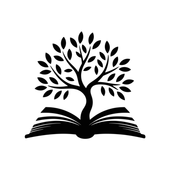 A stylized black tree with abundant leaves grows from an open book, symbolizing knowledge and growth cutouts png