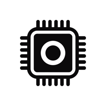 A minimalist black icon depicts a microchip with a central circle and radiating lines reminiscent of circuit connections. cutouts png