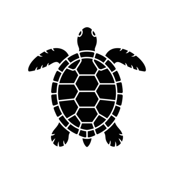 A silhouette of a turtle with distinctive shell patterning shows its flippers and head in a simplistic black design. cutouts png