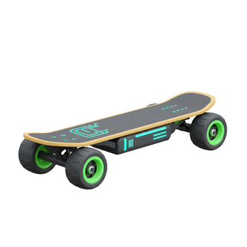 An electric skateboard is shown in a neutral color scheme with bright green accents, perfect for urban commuting or recreational riding. png