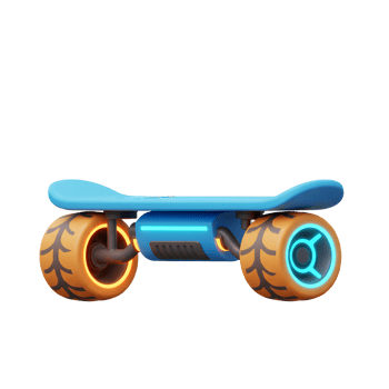 A blue futuristic skateboard with orange wheels and neon accents is isolated on a white background and can be used for transportation and recreation. png