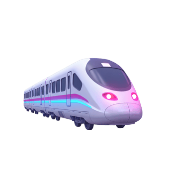 Cartoon train features a rounded design with pink headlights and blue and purple stripe and can be used for transportation illustration. png