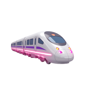 A sleek, white cartoon-style high-speed train is depicted with purple accents and pink neon lights accentuating its design, suggesting futuristic or playful use. png