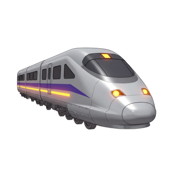 Illustration showing a high speed train with purple stripes and orange lights used for transportation. png