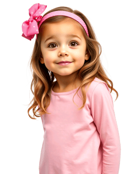 A little girl wearing a pink shirt and a pink bow png
