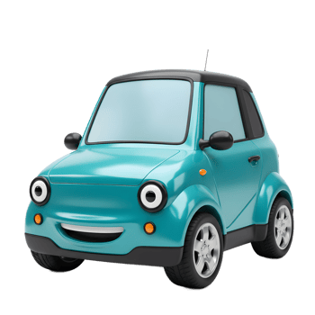 A teal cartoon car with a black roof and tires smiles cheerfully, set against a plain white background, making it suitable for children's content. png