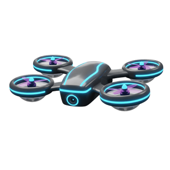 A gray drone with glowing blue lights and a front-facing camera is hovering, which can be used for aerial photography. png