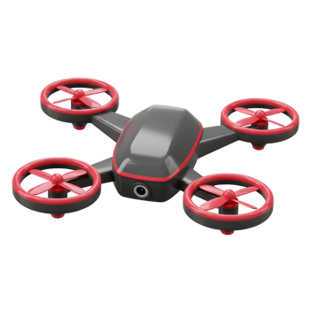 A gray and red drone is pictured from an aerial view, ideal for capturing images and from above. png