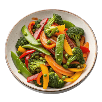 A plate of stir fried vegetables with a side of rice png