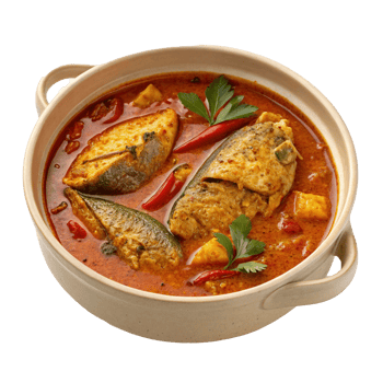 a bowl of fish curry with vegetables and herbs png