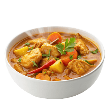 chicken curry in a bowl with vegetables and spices on a transparent background png