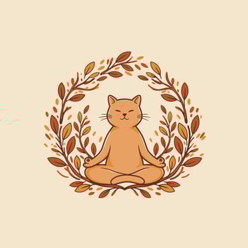 Logo design of a cat sitting in a lotus position with leaves around it vector