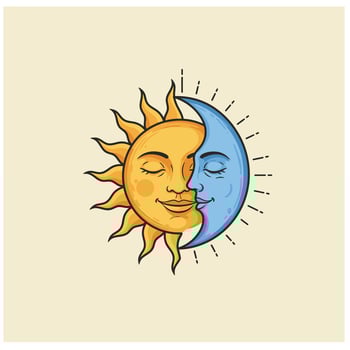Sun and the crescent moon smiling logo design vector