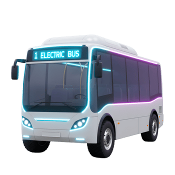 A sleek, modern electric bus is illuminated with bright neon lights, showcasing an eco-friendly transportation option for urban commutes. png