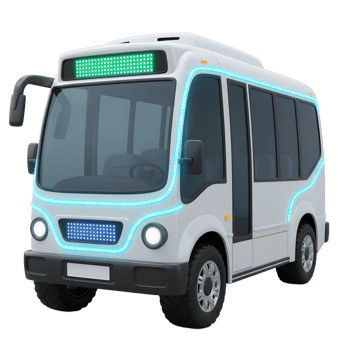 A futuristic white bus is adorned with blue lights, suggesting its modern and efficient design for urban transport. png