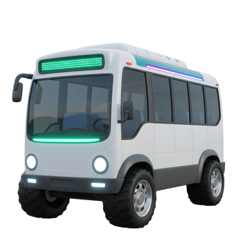A cartoon bus features a white exterior, large tires, green lights, and tinted windows, making it suitable for various transportation purposes. png