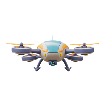 A cartoonish drone is depicted with a camera, rotors, and landing gear, suggesting its use for aerial photography or videography. png