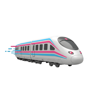 A sleek white cartoon train with pink and blue stripes speeds along, making it ideal for transportation illustrations. png