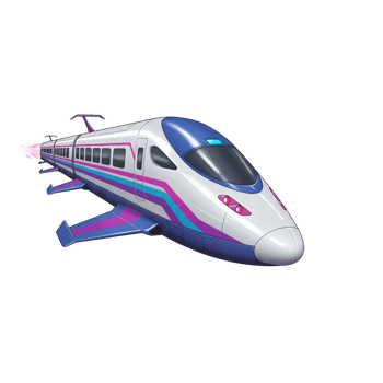An imaginative cartoon train with wings is depicted in bright colors traveling at high speed, and it can be used for children's stories. png