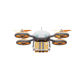 A stylized drone carries a box, suggesting delivery services, fast shipping, and technological advancement for logistics. png