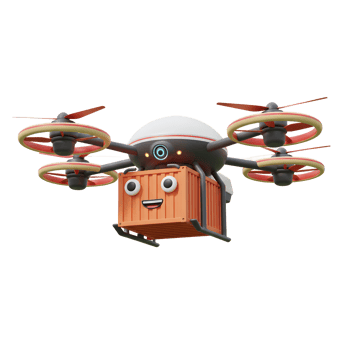 A cartoon drone flies while carrying a smiling orange container, demonstrating modern delivery methods. png