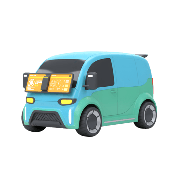A blue and green toy-like delivery van features dashboard screens, creating a futuristic look for transportation design or toy concepts. png