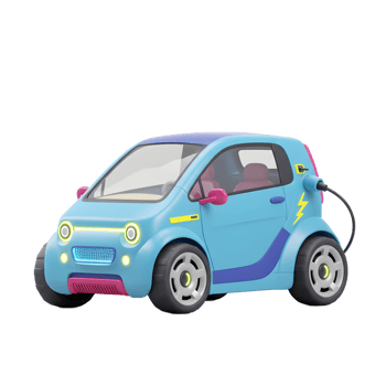 A blue electric car is shown charging against a white backdrop, illustrating the concept of eco-friendly transportation. png