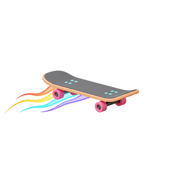 A skateboard with a black deck and pink wheels flies with a rainbow-colored trail behind it, suggesting movement and speed for recreational use. png