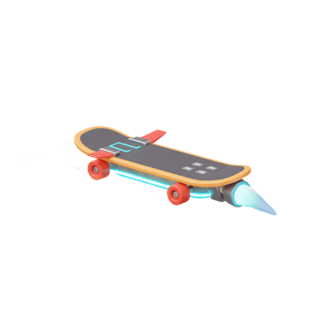 Illustration of a grey and orange skateboard with a rocket engine attached and light trails for decorative design. png