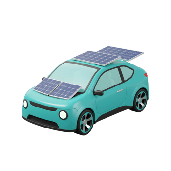 A turquoise electric car is equipped with solar panels, showcasing sustainable transportation solutions for daily commutes. png