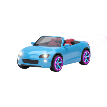 A light blue convertible car with neon pink wheels is shown against a white background with speed lines behind it for use in transportation designs. png
