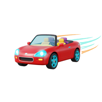 A red convertible car with blue wheels is shown speeding, indicated by motion lines, and can be used for transportation themes. png