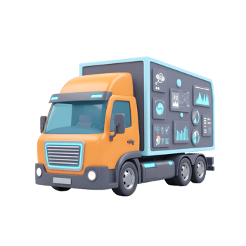 A cartoon truck is driving, showing digital displays on its side, representing modern delivery data analysis. png