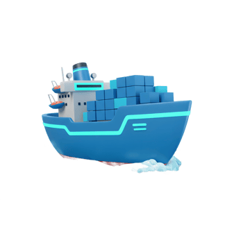 A blue cartoon cargo ship carrying blue boxes sails on a wavy ocean, which is suitable for illustrating logistics and transportation concepts. png
