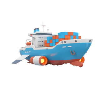 A cartoon cargo ship with blue and orange containers is sailing on water, which can be used for presentations, websites, and educational materials. png