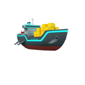 A cartoon cargo ship loaded with yellow containers is shown on calm water, often used in graphics and illustrations. png