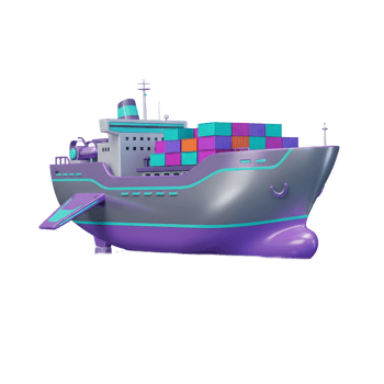 Colorful container ship with cargo boxes floating on water, presenting a playful illustration suitable for children's books. png