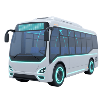 A sleek, white bus with glowing blue accents showcases a futuristic design, suggesting advanced technology and innovative transportation. png