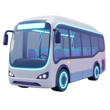 A futuristic white bus with glowing blue accents provides a vision for modern transportation and city travel. png