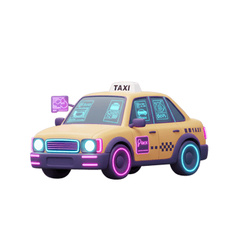 A futuristic taxi with a yellow body and neon purple and blue lights is depicted, perfect for illustrating modern transportation. png