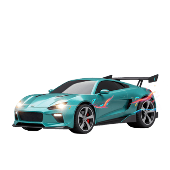 A teal sports car with bright headlights is adorned with abstract graphics and a rear spoiler, showcasing its performance potential for automotive enthusiasts. png