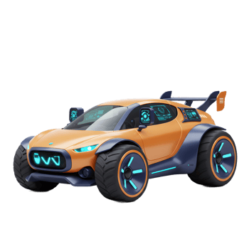A futuristic orange car with blue accents and lights features large tires and a spoiler, making it suitable for a sci-fi game. png