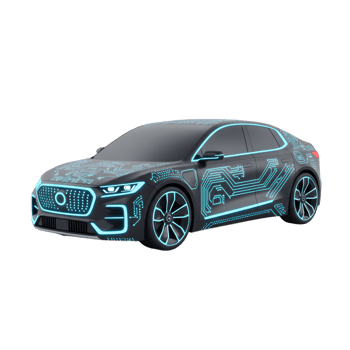 A black electric car is stylized with glowing blue circuit board designs on a white background, showcasing futuristic vehicle technology. png