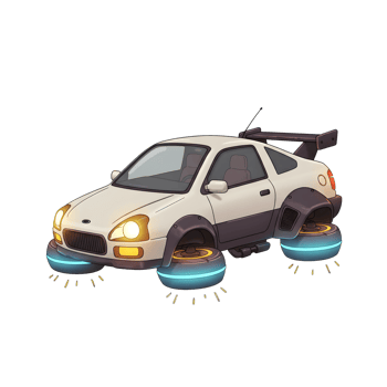Cartoon flying car with glowing wheels, spoiler, and antenna hovers above the ground, creating shadows for use in futuristic or fantasy designs. png