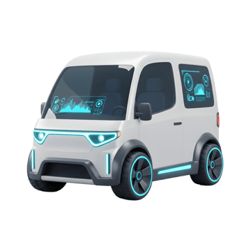 A white, cartoon-style car with glowing blue accents and digital screens presents a futuristic aesthetic and could be used in concepts related to autonomous driving or electric vehicles. png