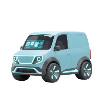 A light blue cartoon-style delivery van features a screen displaying application icons, ideal for showcasing futuristic or digital interface concepts. png