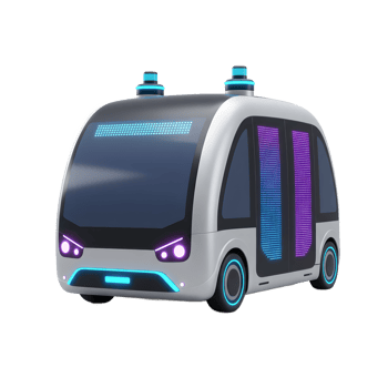 A futuristic shuttle with an autonomous driving system and LED displays is isolated on a white background, ready for use in presentations about future transportation. png