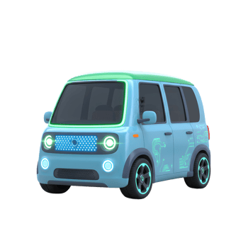 A light blue cartoon van with a green roof and glowing accents sits on a white background, perfect for digital art and design. png